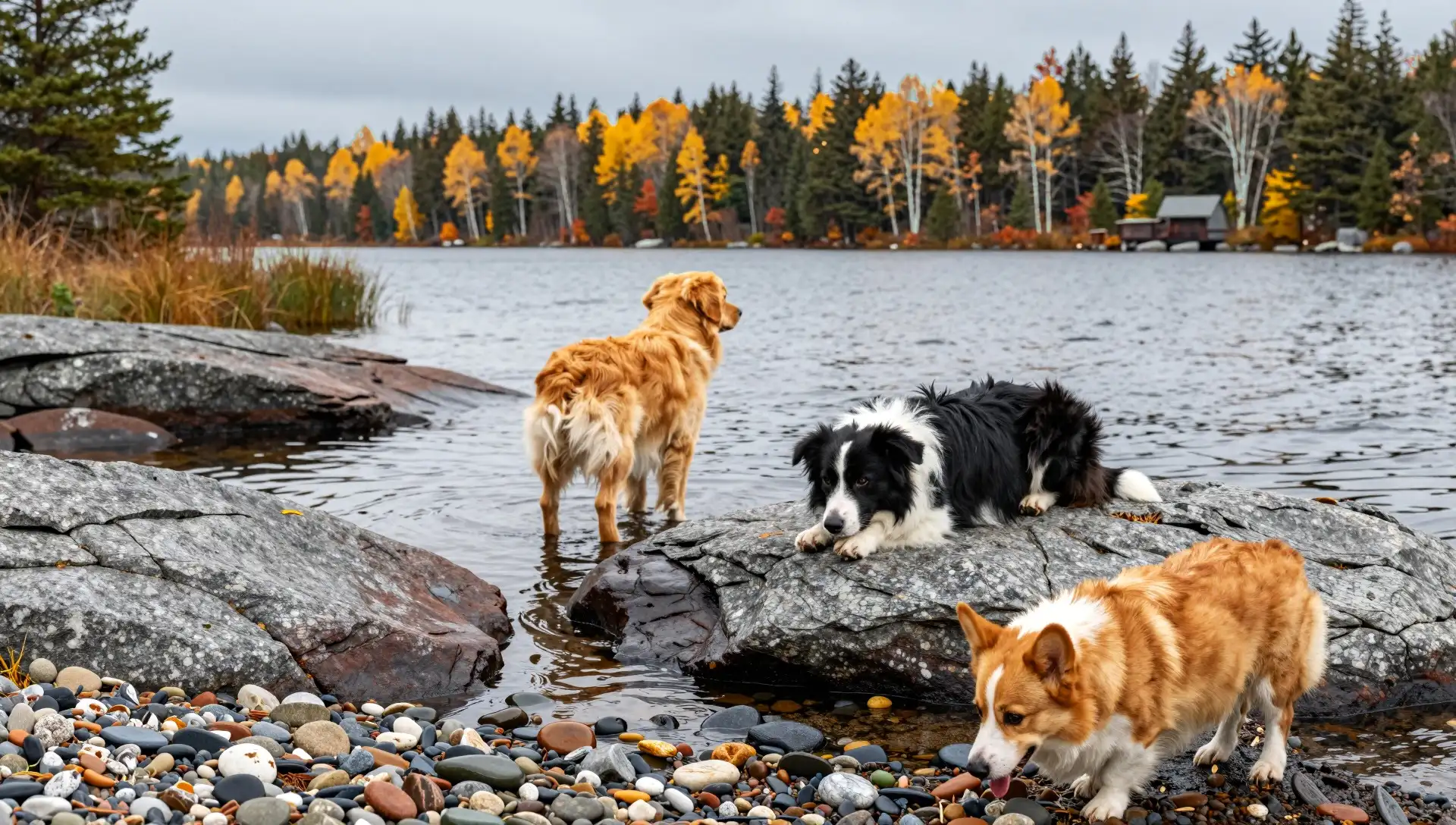 Un golden retriever debout dans l'eau d'un lac, un border collie couché sur un rocher et un corgi qui renifle les galets, devant une forêt d'automne